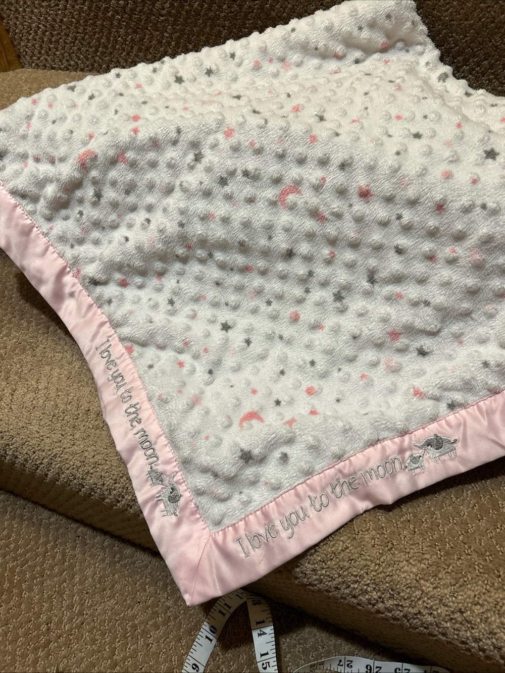 Just Born Love you to the Moon Baby Blanket Pink Minky Satin Trim Stars Elephant